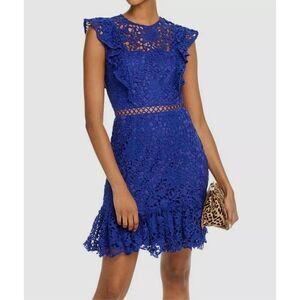 $226 AQUA Women's Blue Ruffled Lace Cape-Sleeve Front-Flounce Shift Dress Size X